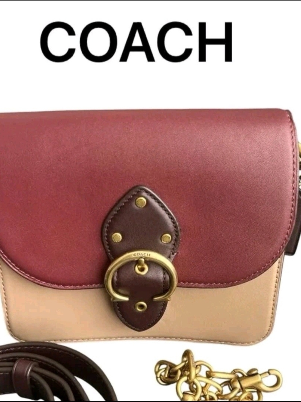 COACH Colorblock Leather Crossbody Bag in Burgundy, Beige and Brown